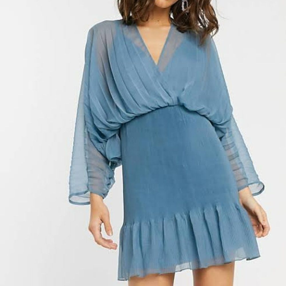 ASOS Pleated Batwing Mini Dress Women 6 Blue Cold Shoulder Wrap V-Neck